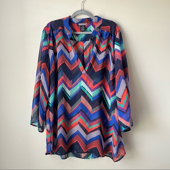 Belle Tweed Chiffon Sheer Roll Tab Sleeve Blouse Size 3 X - Picture 7 of 7